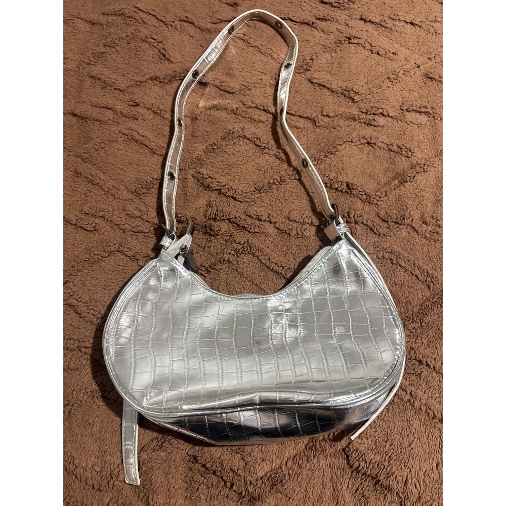 Silver Metallic Croc Embossed Shoulder Bag Y2K Crescent Hobo‎ Purse